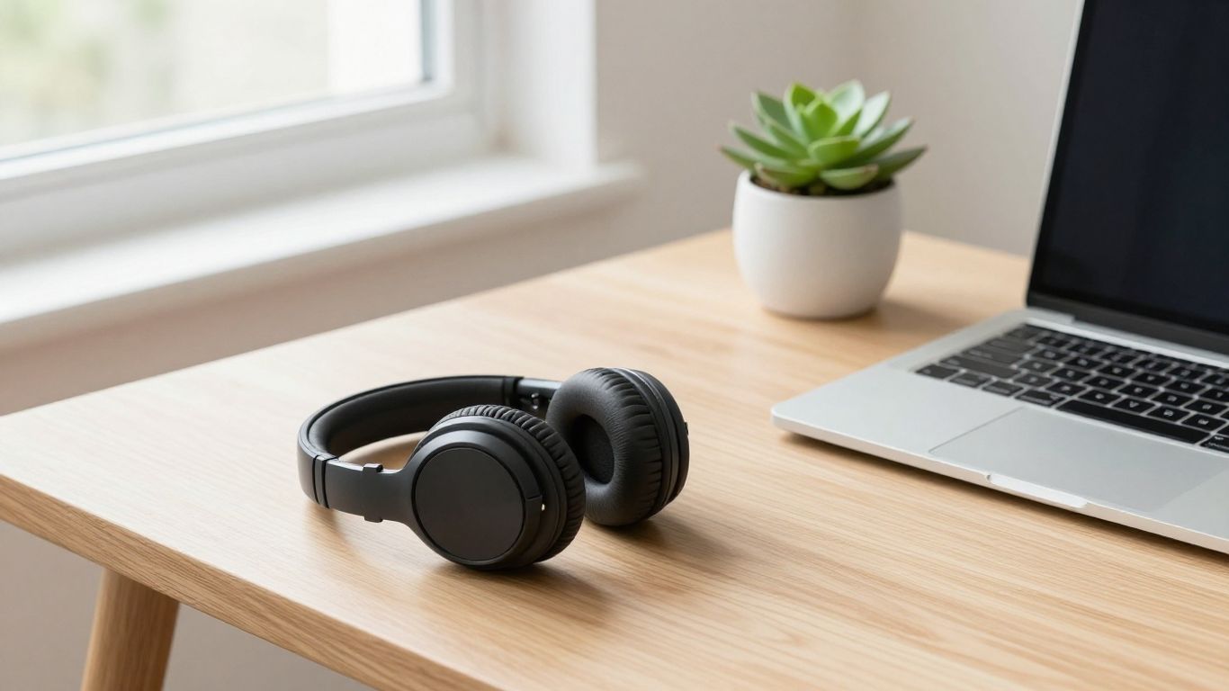 Minimalist headphones on a clean wooden desk setup