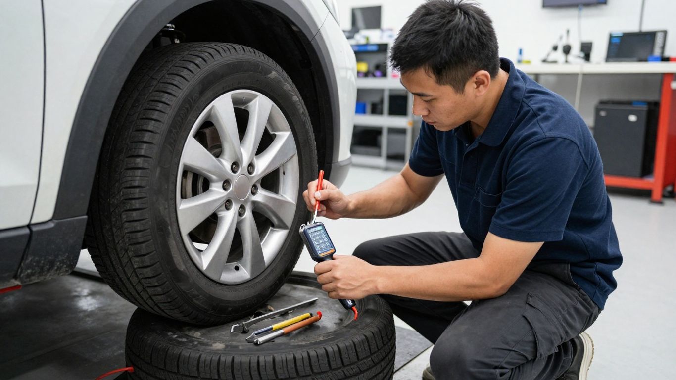 Technician measuring tyre tread and alignment