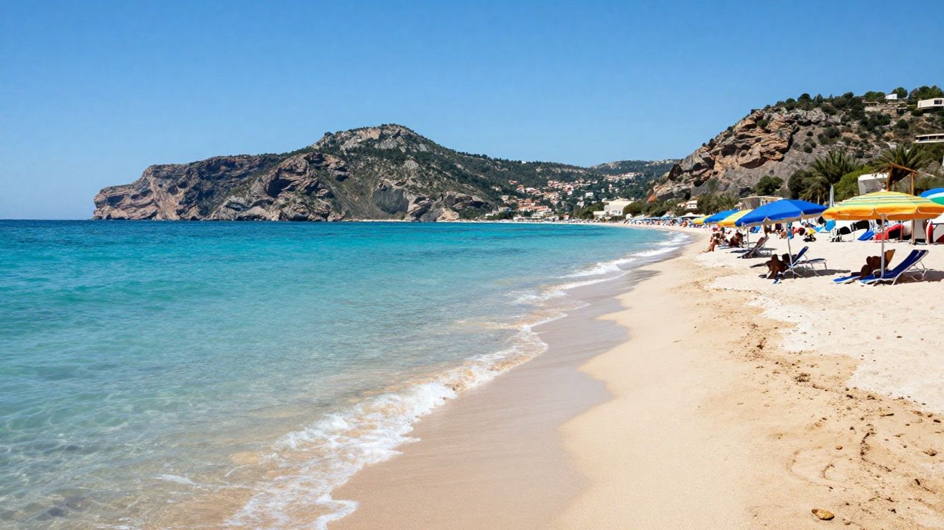 Sunny European beach with clear blue water and golden sand.