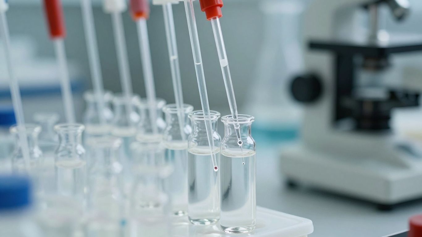 Laboratory vials and scientific equipment for hCG research.