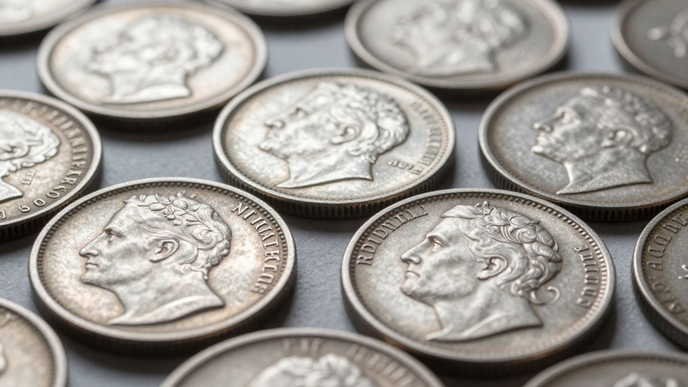 Silver war nickels with detailed surfaces.