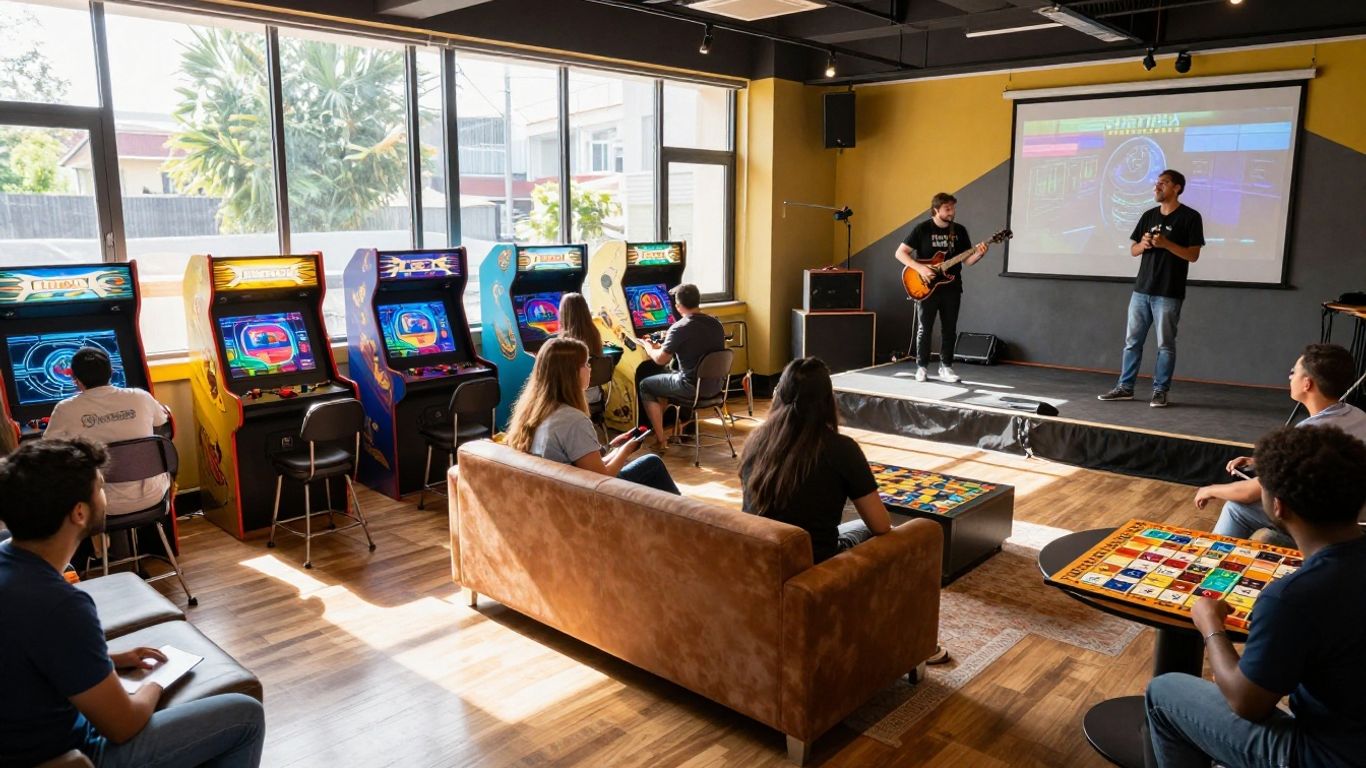 People enjoying indoor entertainment activities to beat the heat.