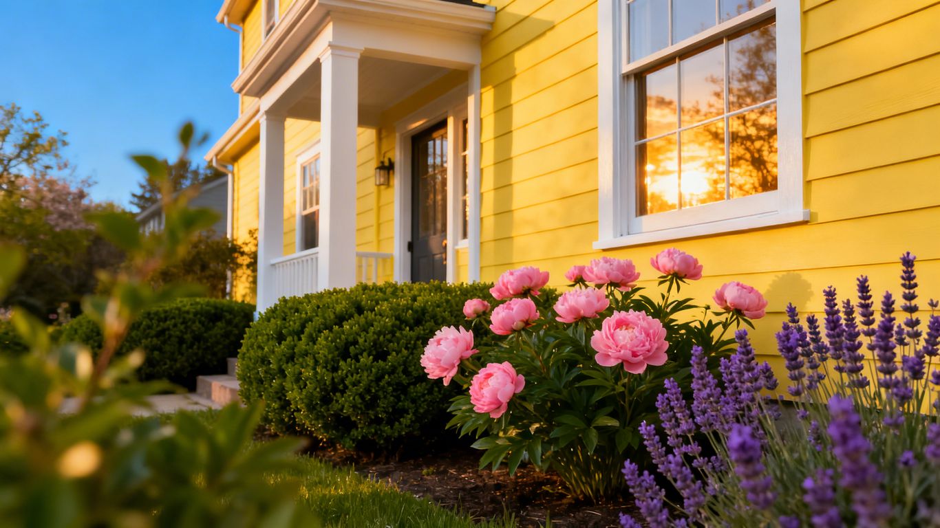 House exterior painting in spring with green bushes and flowers.