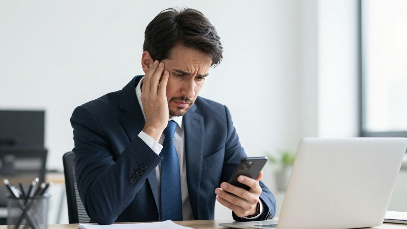 Mann im Büro hält Telefon, besorgt wegen Krankheit.