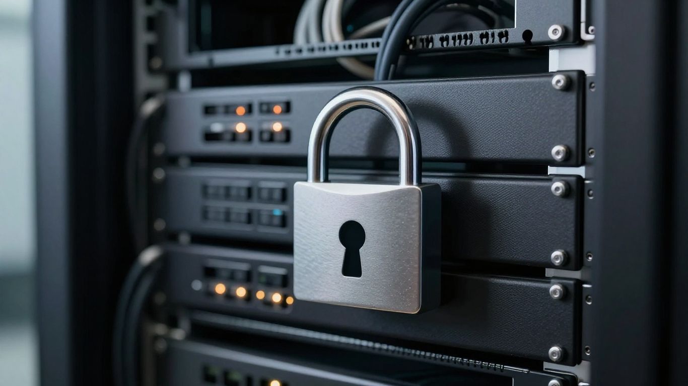 Server rack with digital padlock for system security.