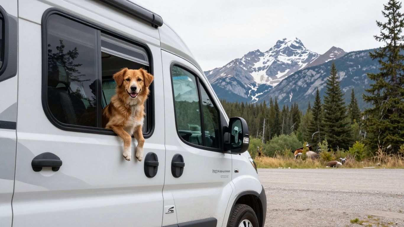 Dog enjoying RV trip in Canadian wilderness.