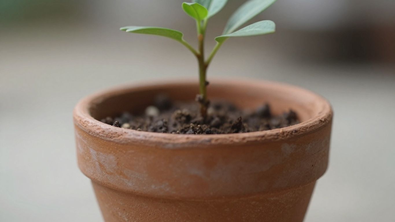 Clay pot with a small plant growing.