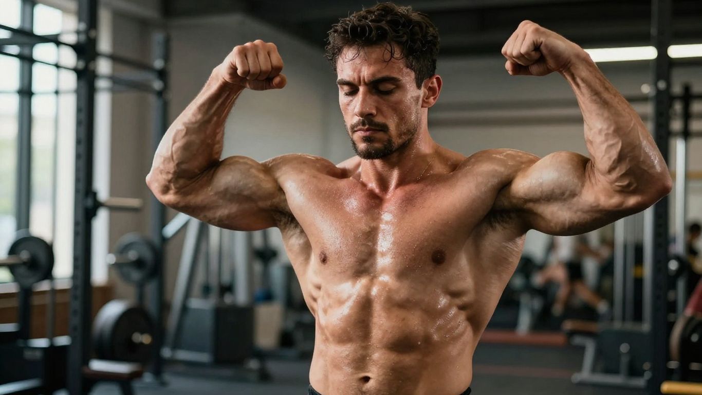 Muscular powerlifter with intense focus, flexing biceps.