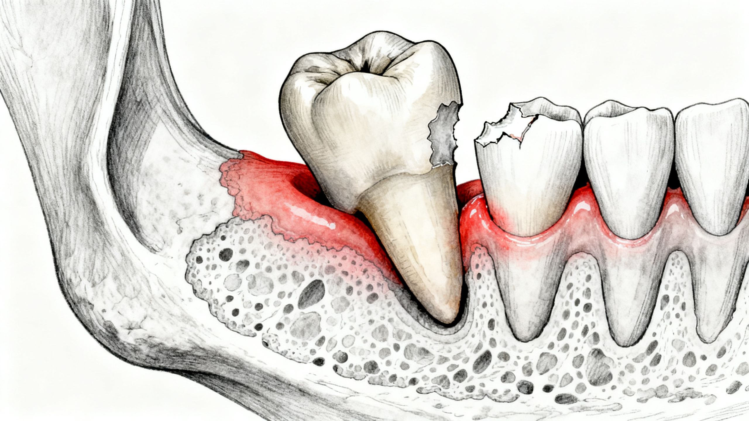 A diagram showing an impacted wisdom tooth pressing against a molar, causing potential damage.