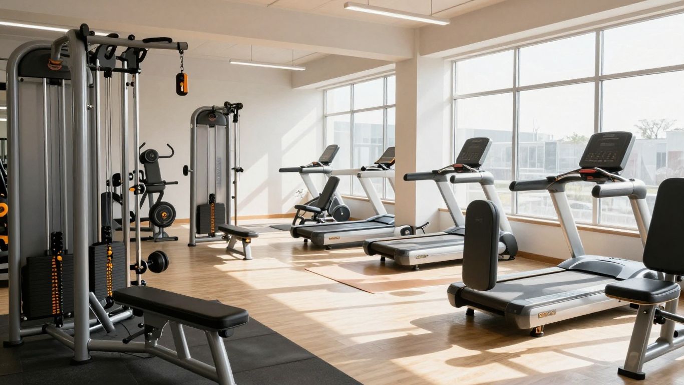 Home gym with various exercise equipment.