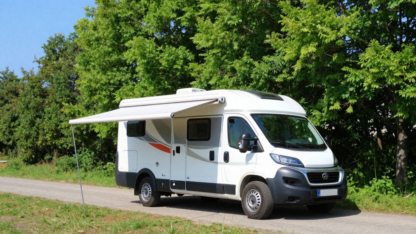 Motorhome at a scenic campsite with trees and sky.