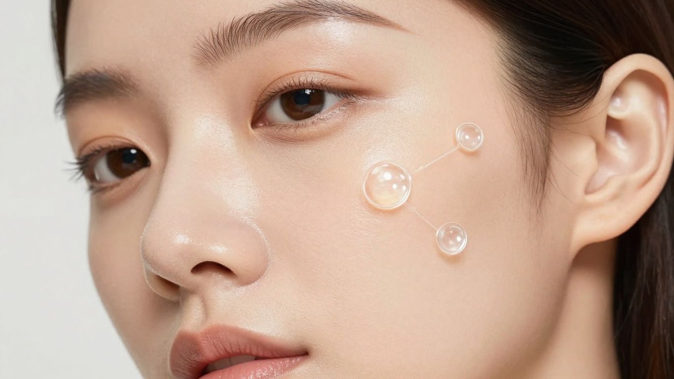Woman with glowing skin and subtle peptide illustrations.