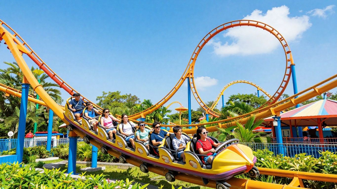 Excited families enjoying thrilling rides at a sunny Gold Coast theme park.