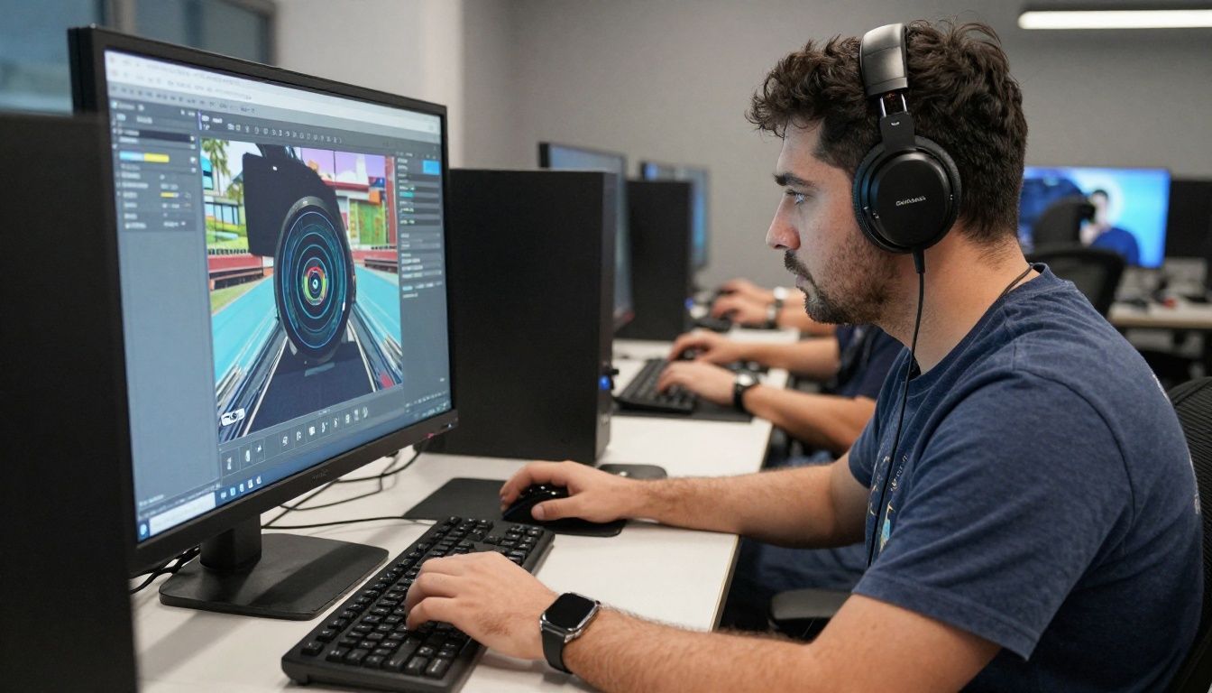Um jogador focado treinando sua mira em um ambiente virtual de alta tecnologia