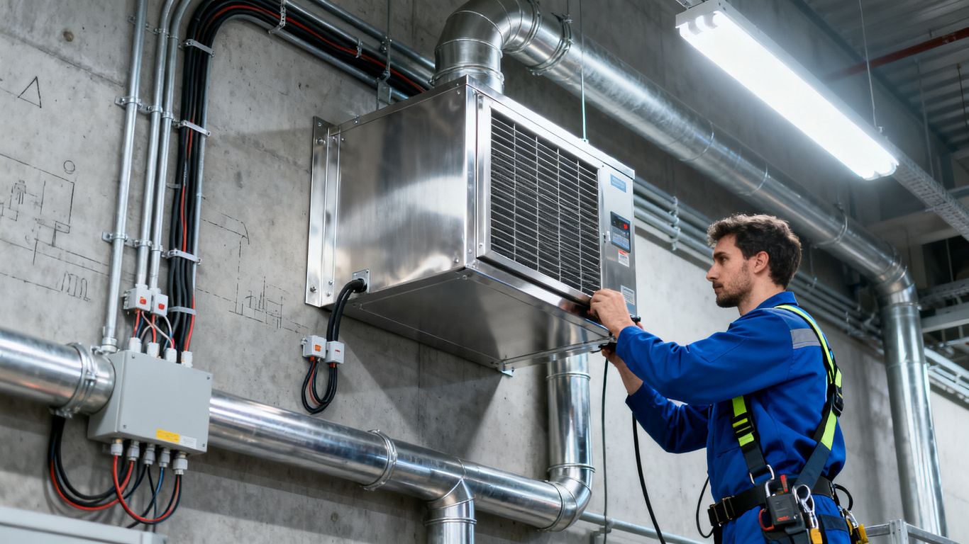 A professional installing a commercial grade dehumidifier on a wall