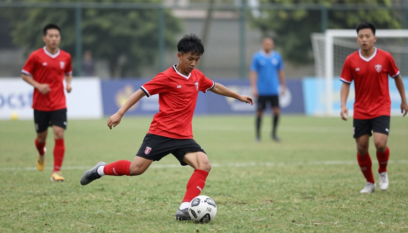 Jogadores virtuais organizados em uma linha defensiva durante uma partida competitiva de futebol