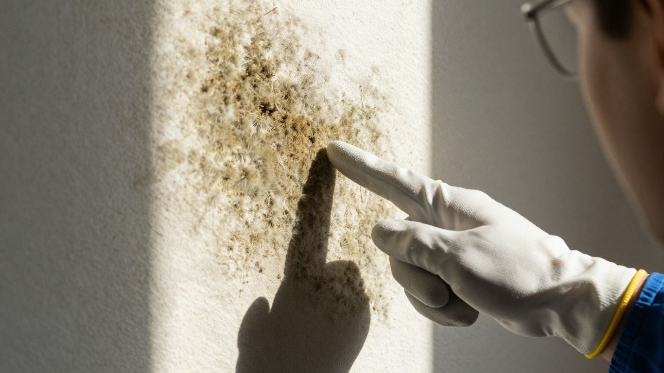 Homeowner inspecting mold on a wall.