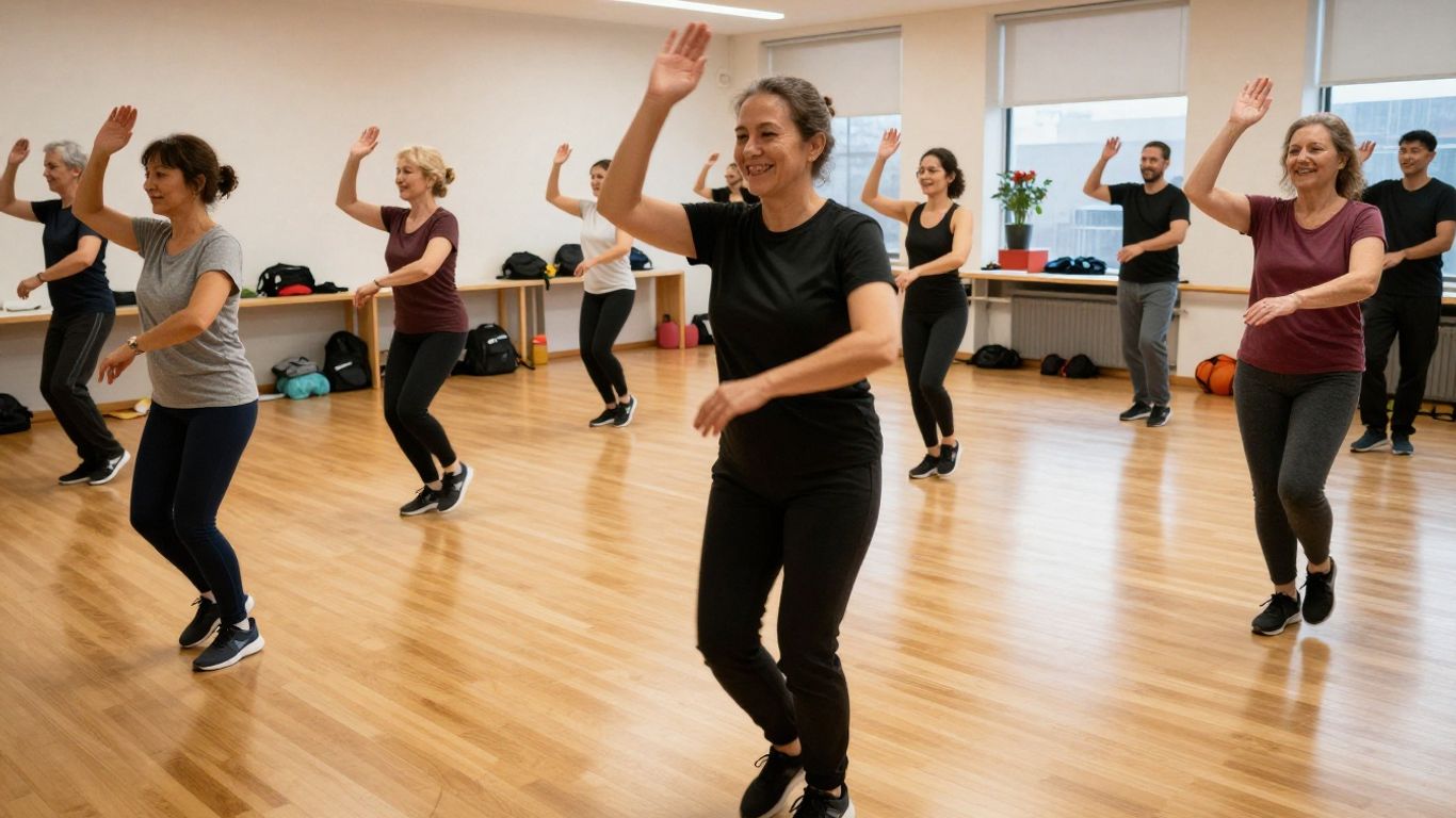 Adults dancing energetically in a studio class.