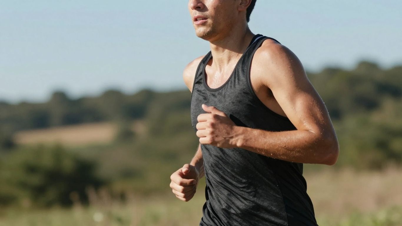 Person jogging outdoors in a natural setting.