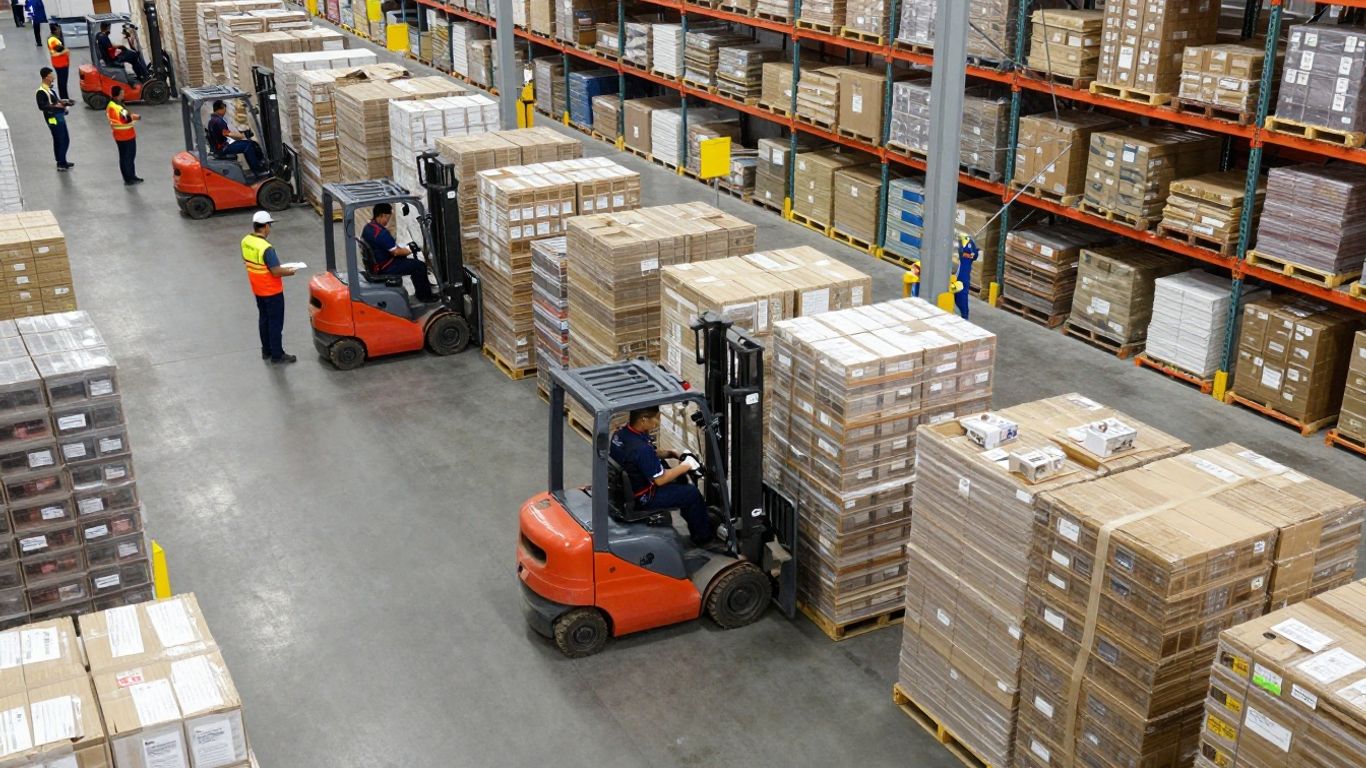 Distribution center operations with teams managing inventory.