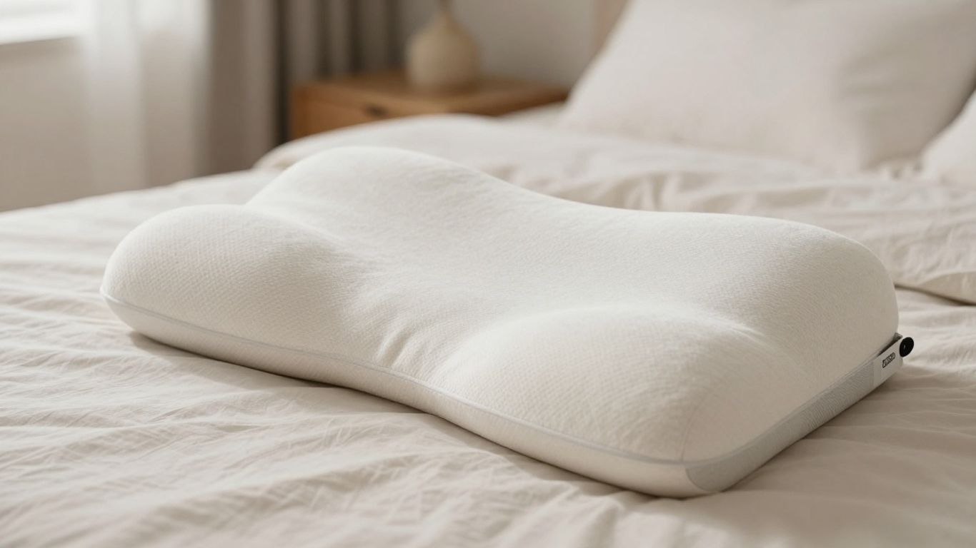 Comfortable Tempur-Pedic neck pillow on a bed.
