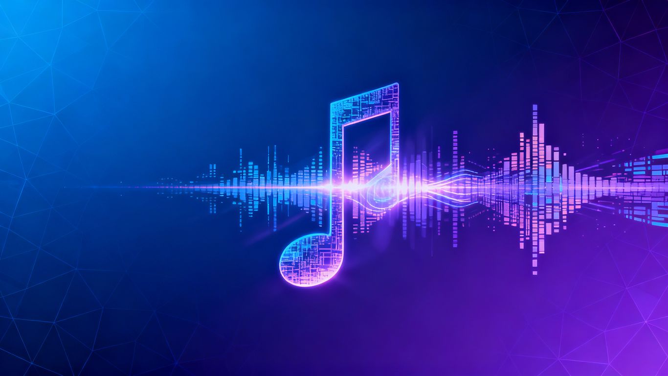 Abstract soundwave and musical note with tech elements.