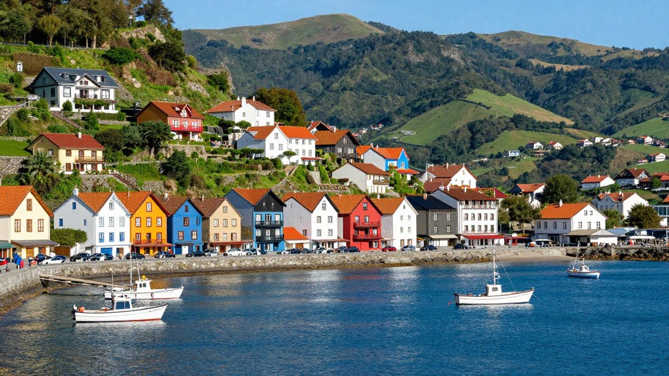 Colorful Basque village overlooking a blue bay.