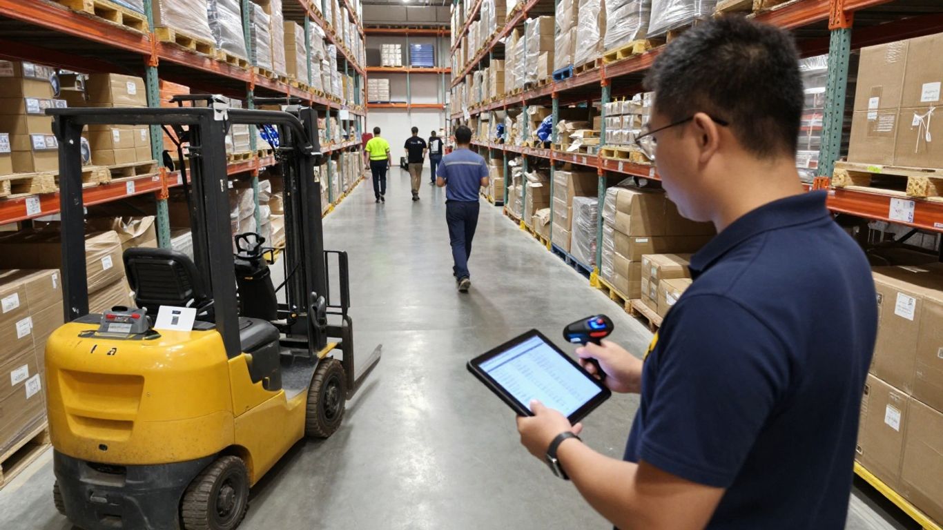 Warehouse workers with technology inside a busy distribution center.