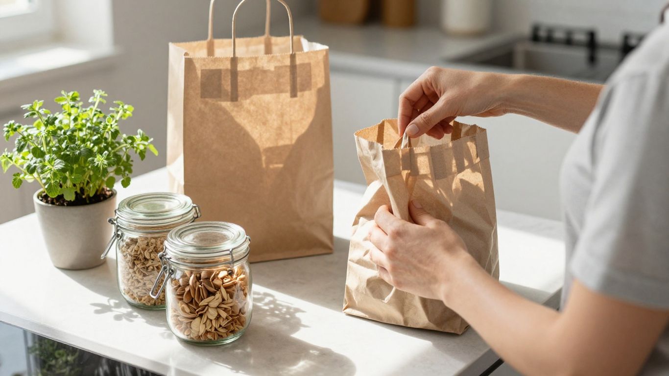 Hände sortieren wiederverwendbare Taschen und Gläser mit Lebensmitteln.
