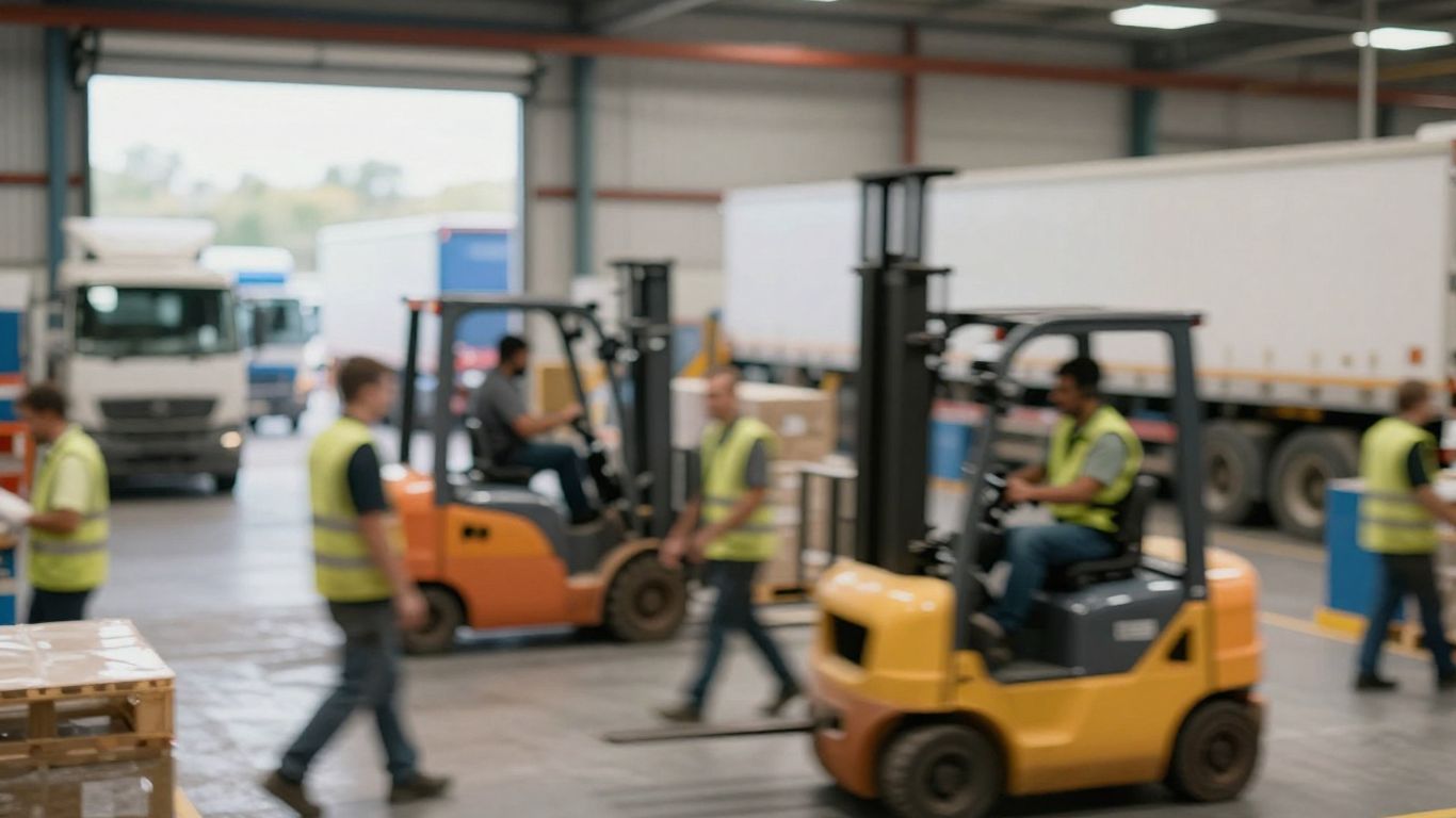 Blurred UK distribution center operations with workers and forklifts.