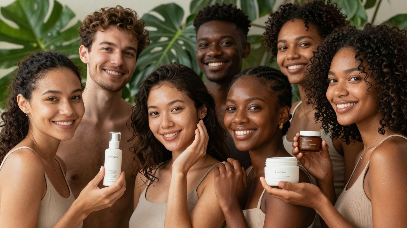 Diverse skin tones with natural skincare products.