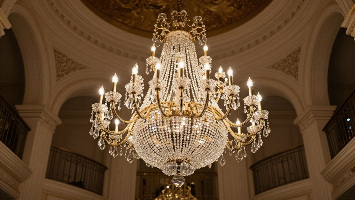 Crystal chandelier hanging from a vaulted ceiling