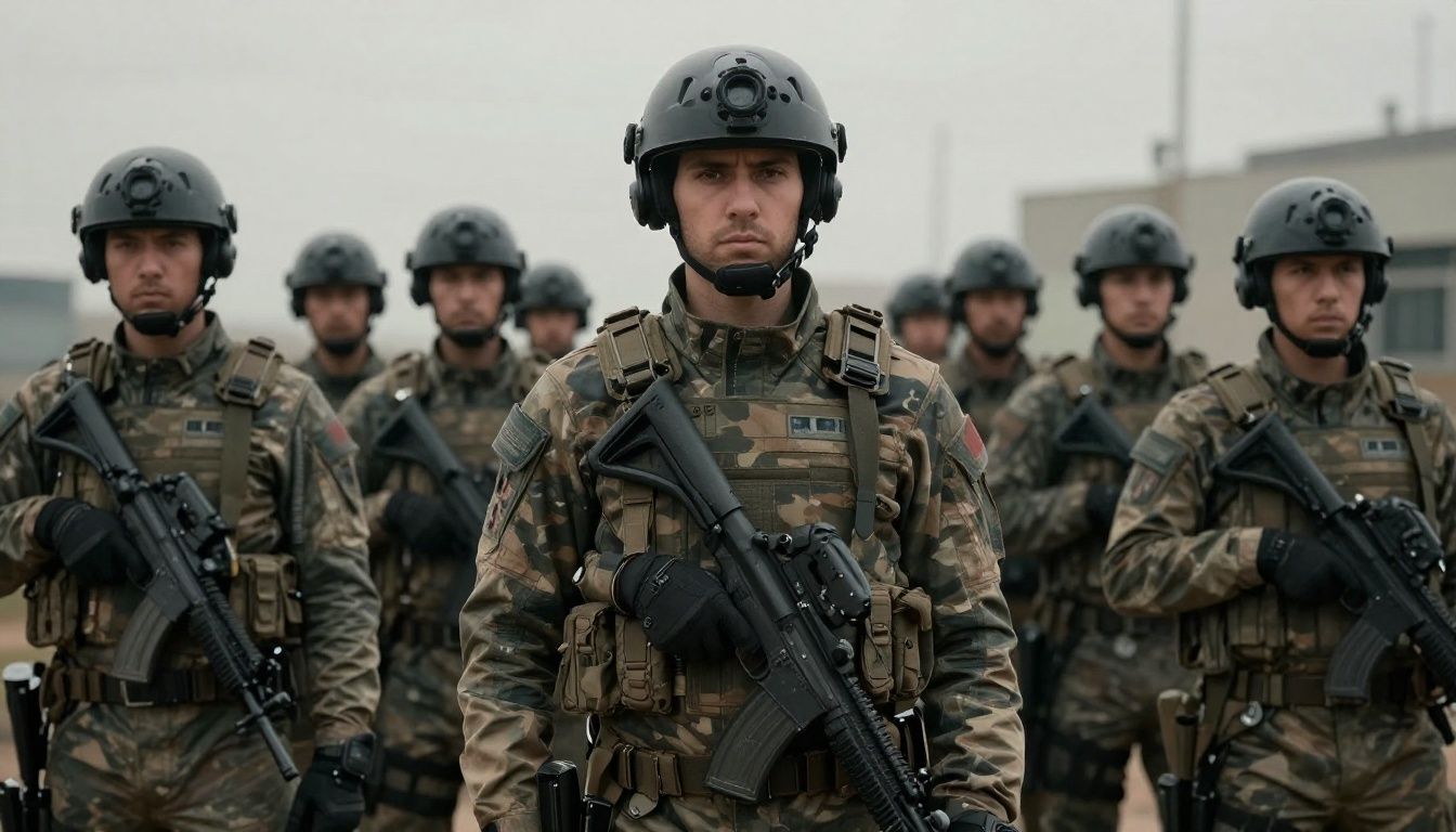 Um grupo de agentes de elite prontos para o combate em um cenário futurista tecnológico