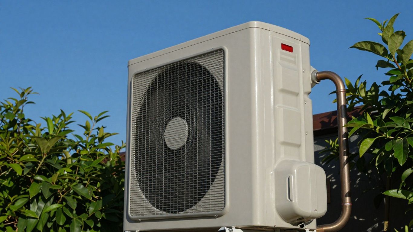 Pompe à chaleur extérieure avec tuyaux en cuivre.