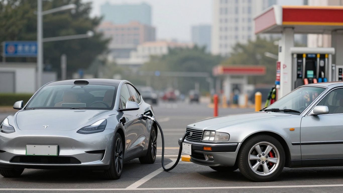 Elektroauto lädt, Benziner tankt an Tankstelle
