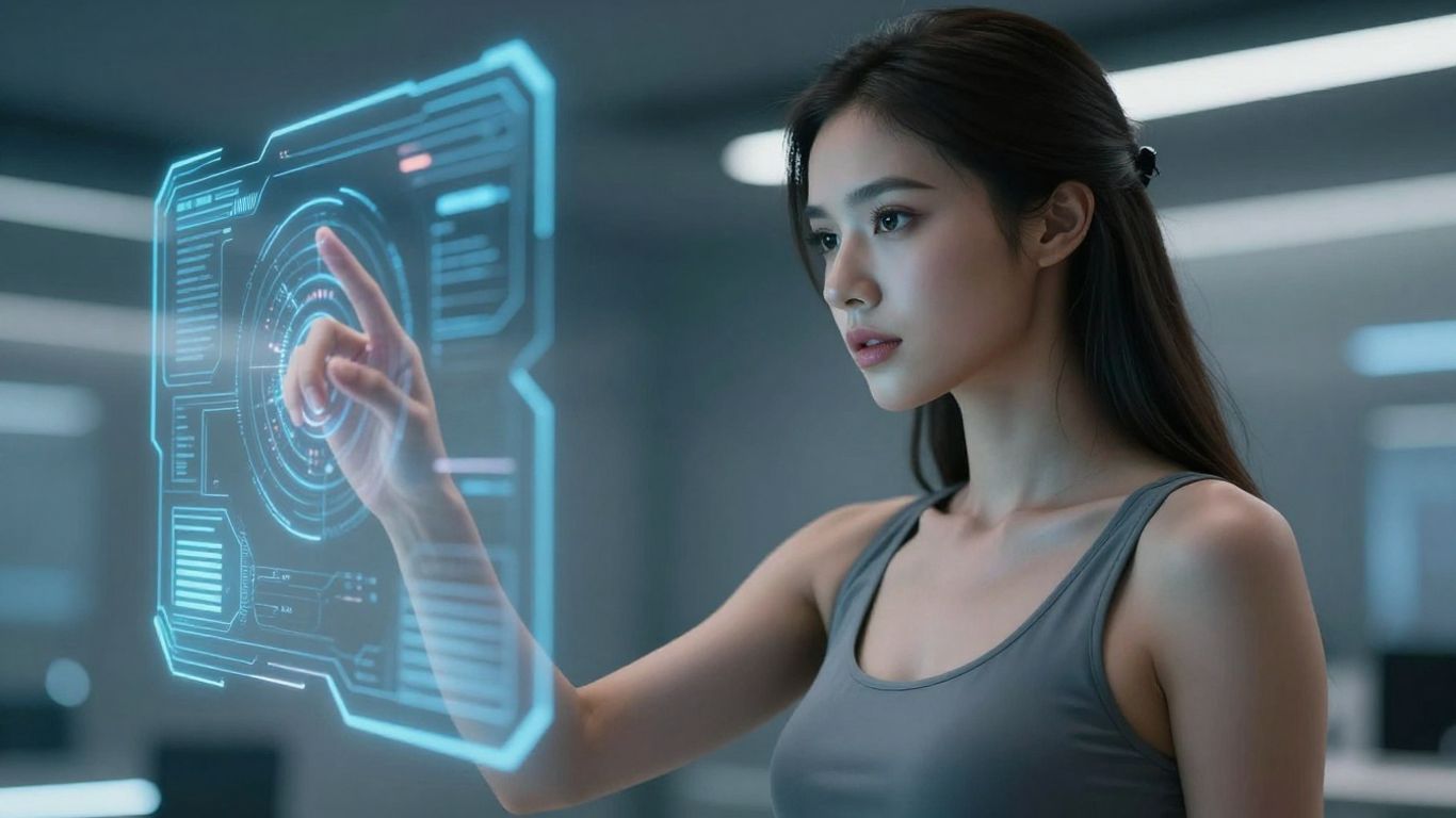 Woman interacting with futuristic AI interfaces