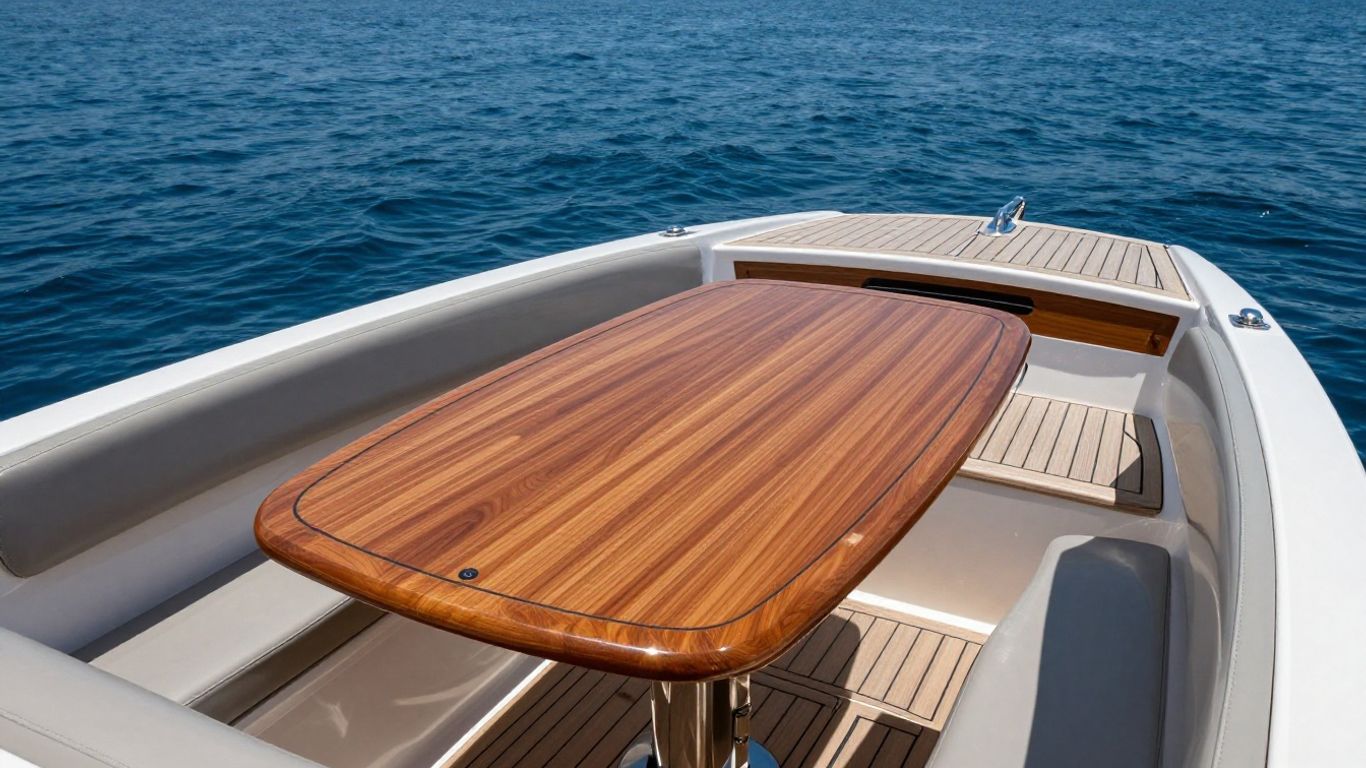 Houten sloep tafeltje op een bootdek met uitzicht op water.