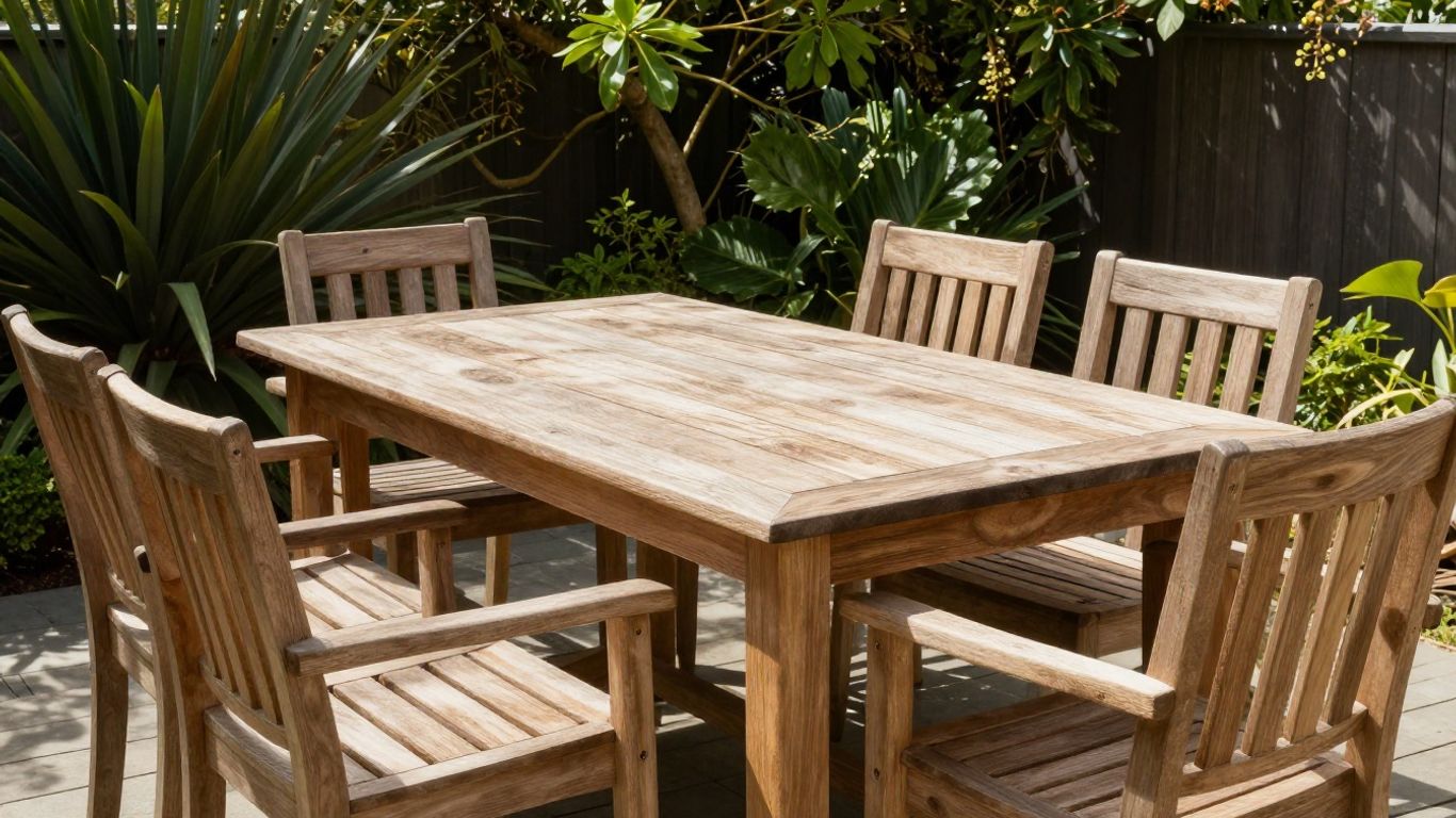 A timber outdoor dining table on a sunny patio