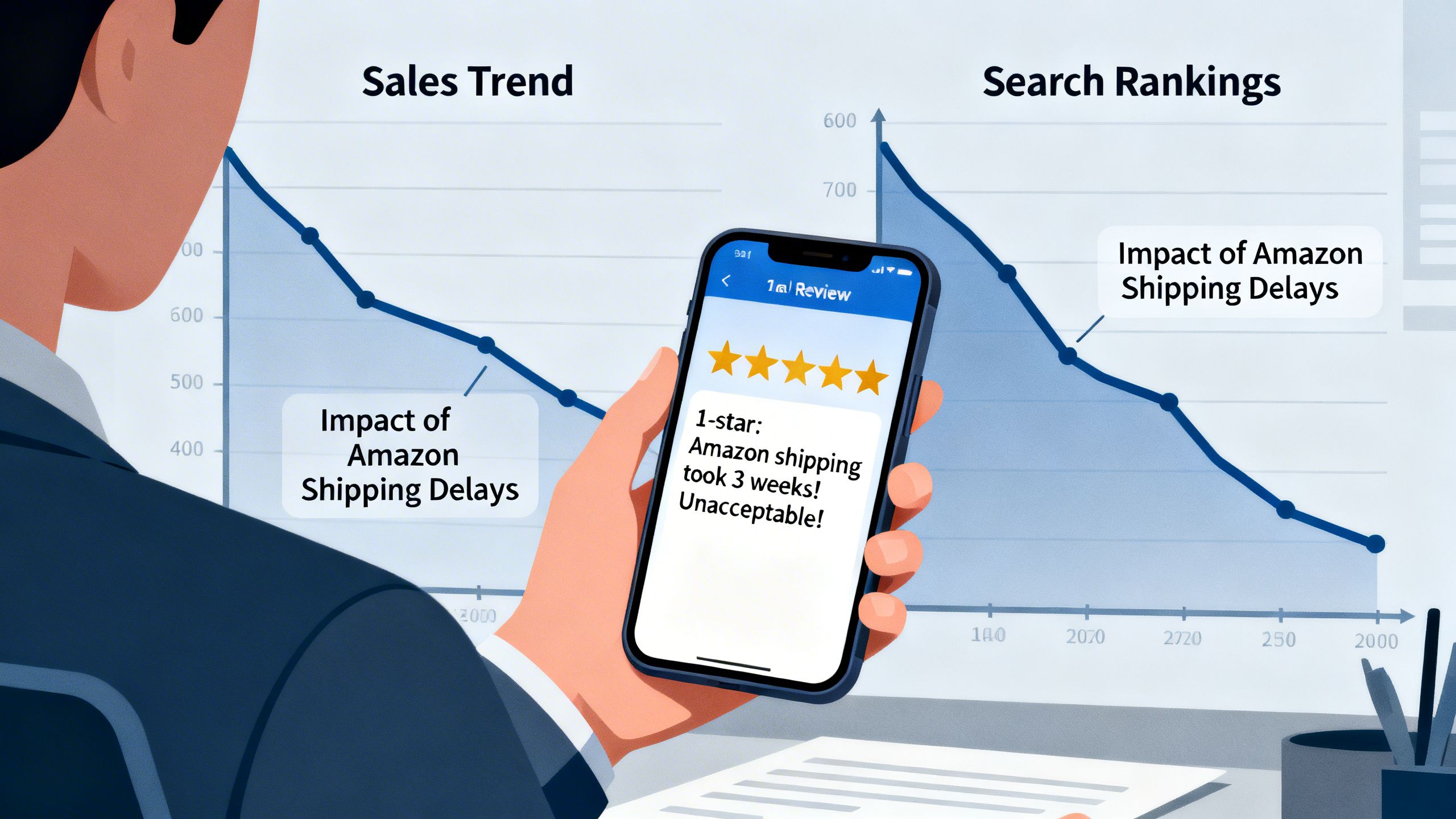 A customer leaving a one-star review on a smartphone, with charts in the background showing declining sales and search rankings, illustrating the impact of Amazon shipping delays.