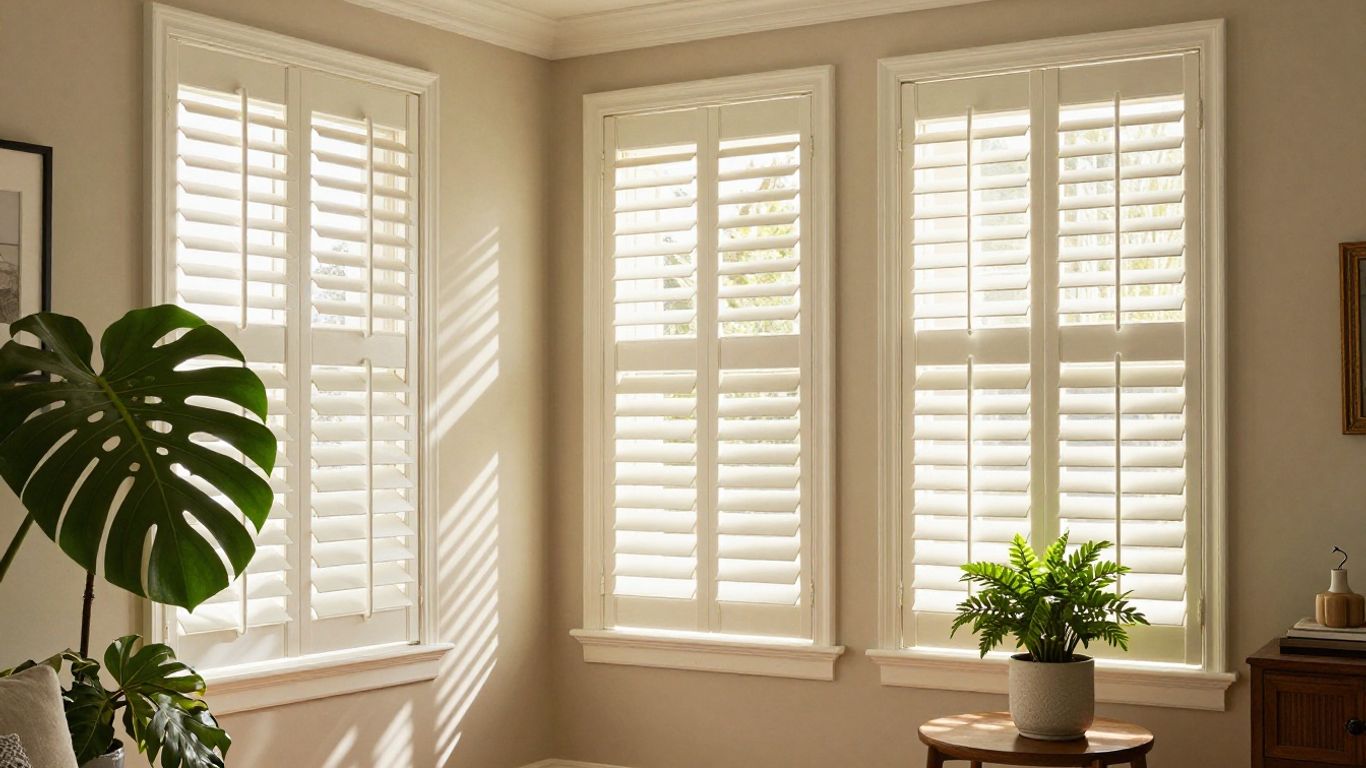 Elegant plantation shutters in a sunlit living room.