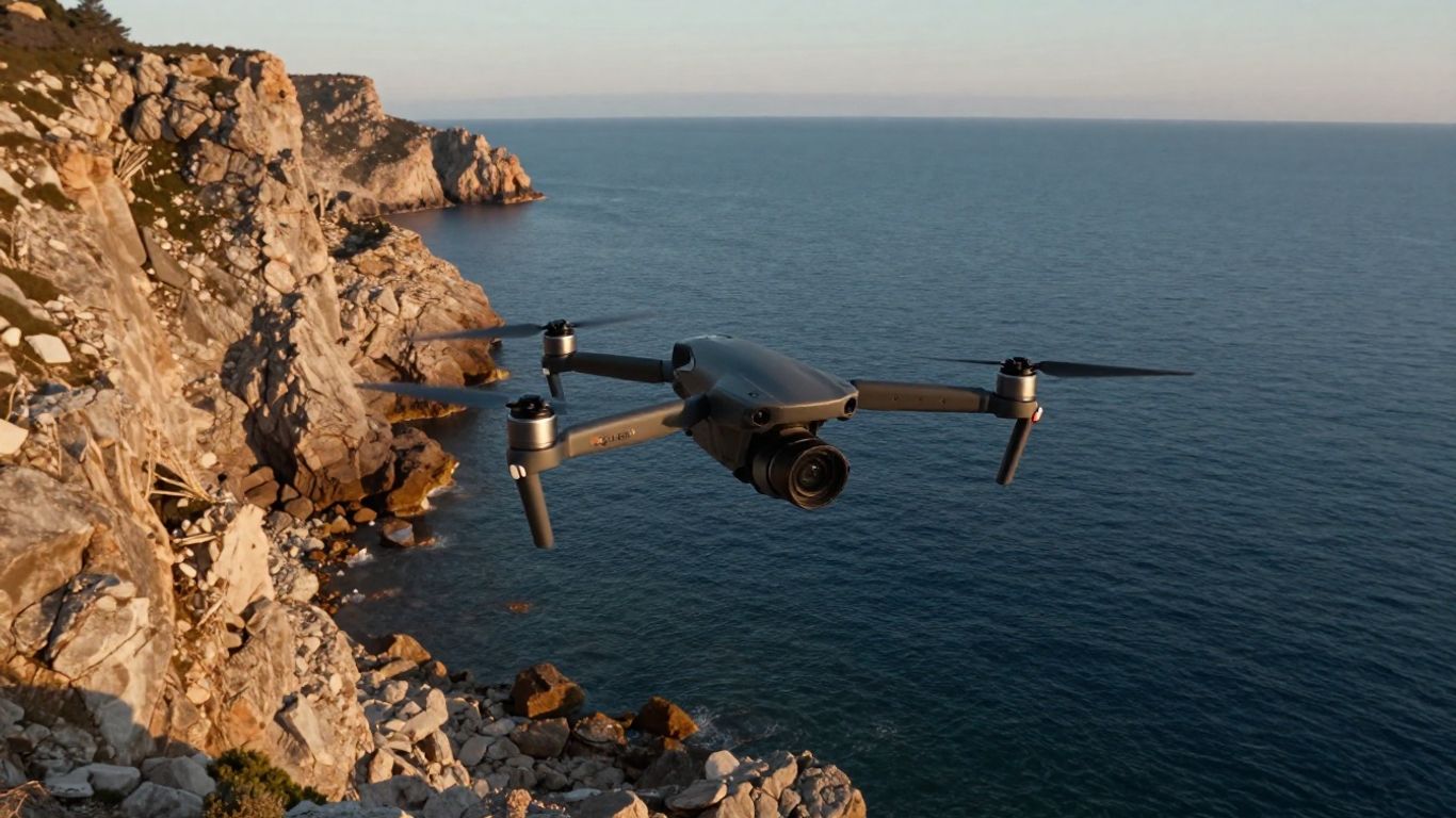Aerial camera drone over rugged coastline