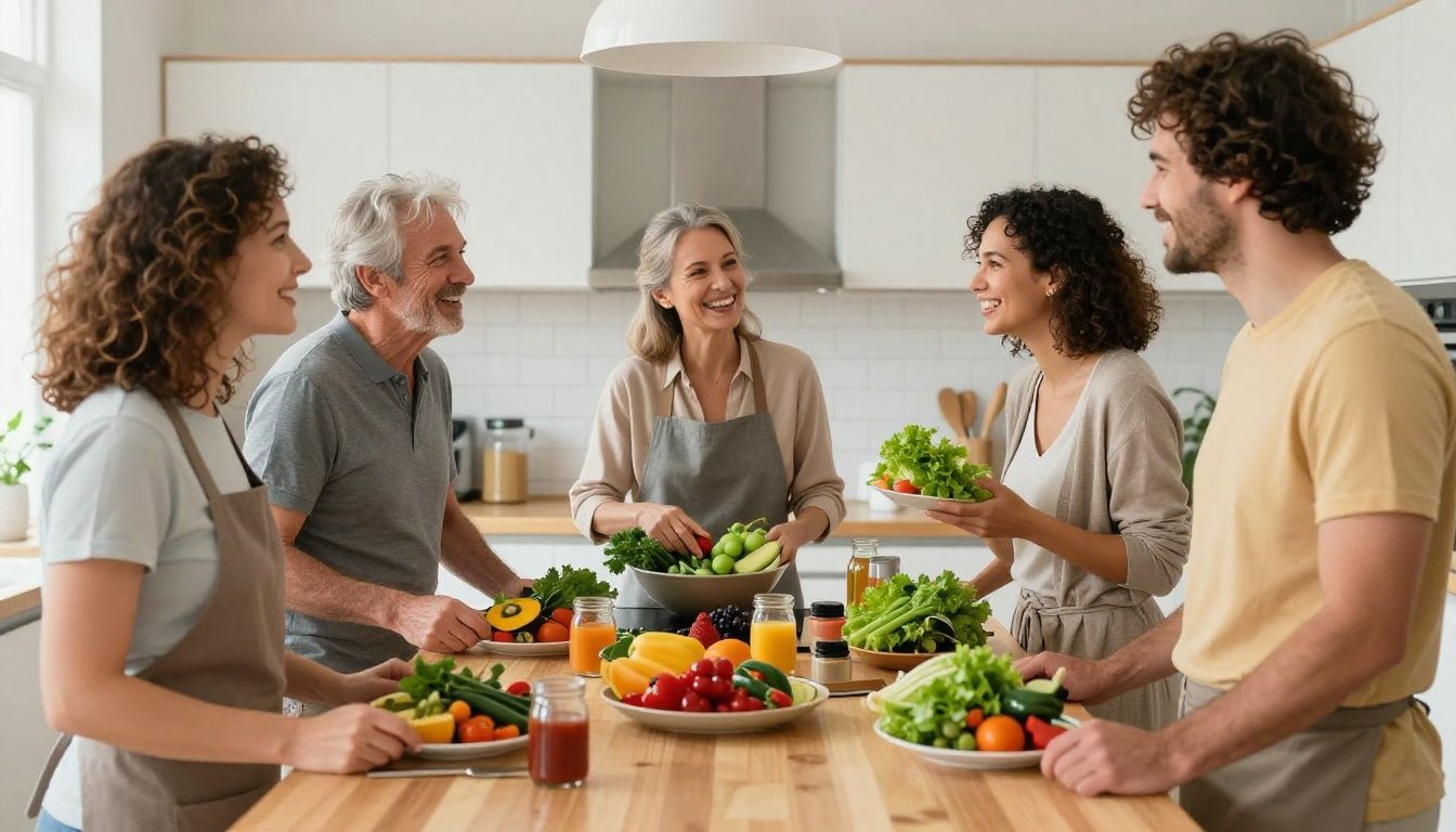A diverse group of adults in their 40s and 50s preparing a healthy, protein-rich meal together in a bright, modern kitchen, looking energetic and happy.