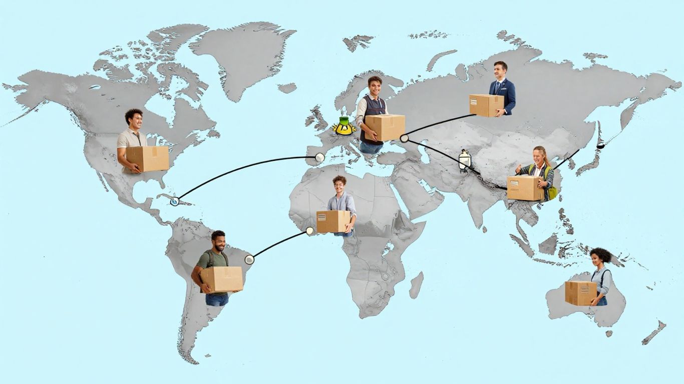 Global dropshipping network with happy customers receiving packages.