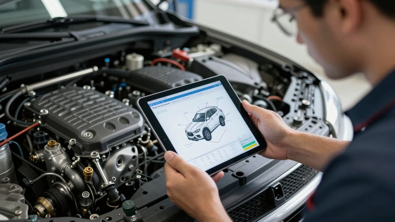 Technician reviewing engine parts catalogue