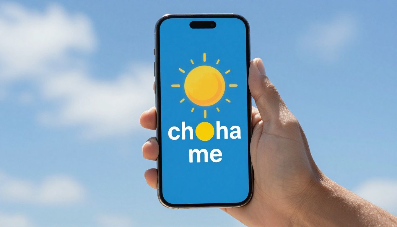 Pessoa olhando um smartphone para verificar o clima em um dia ensolarado com nuvens leves ao fundo