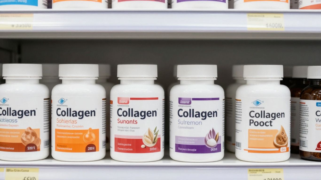 Collagen supplements displayed on a shelf at Chemist Warehouse.