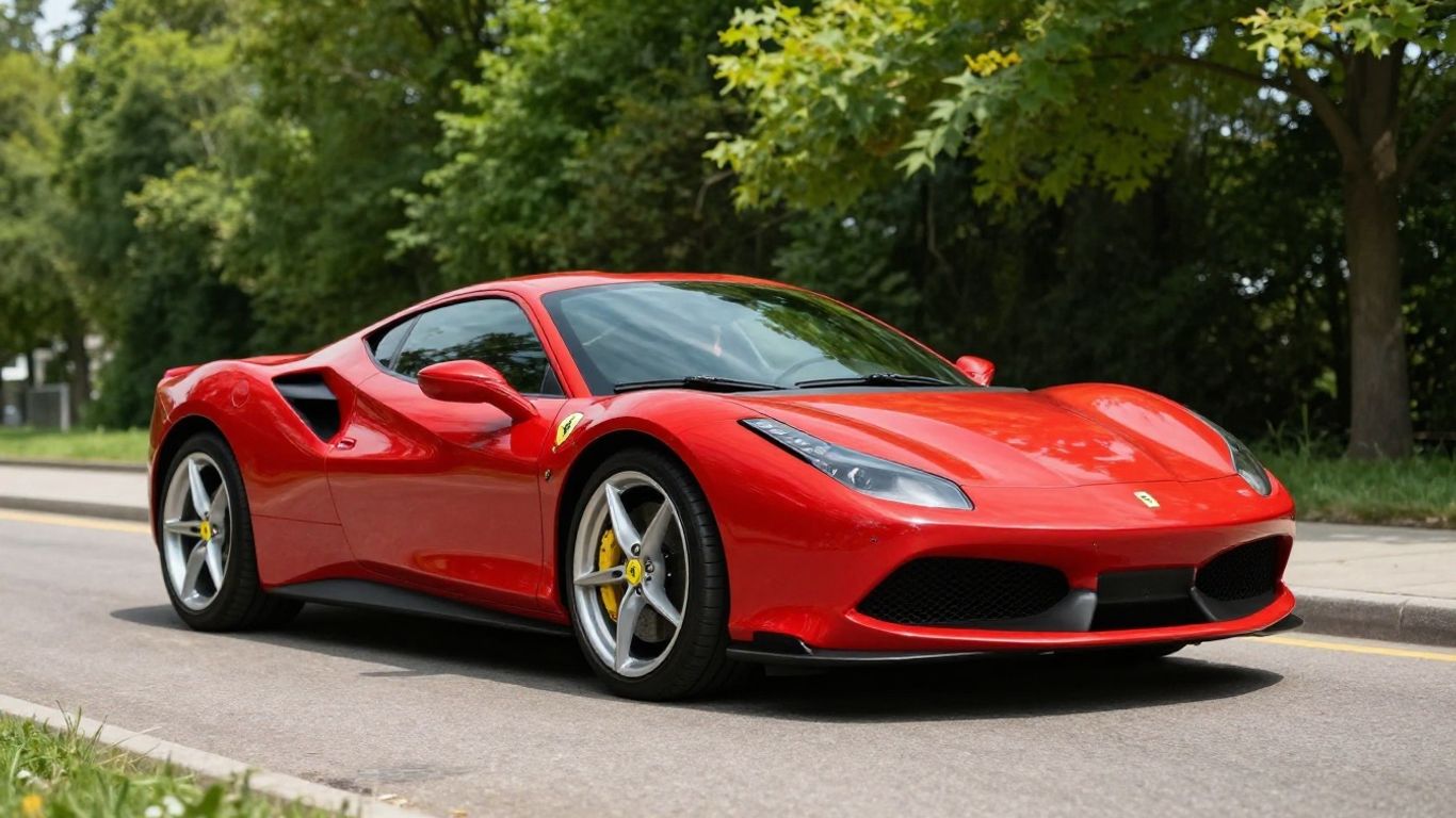 Red Ferrari Roma parked on a sunny road.
