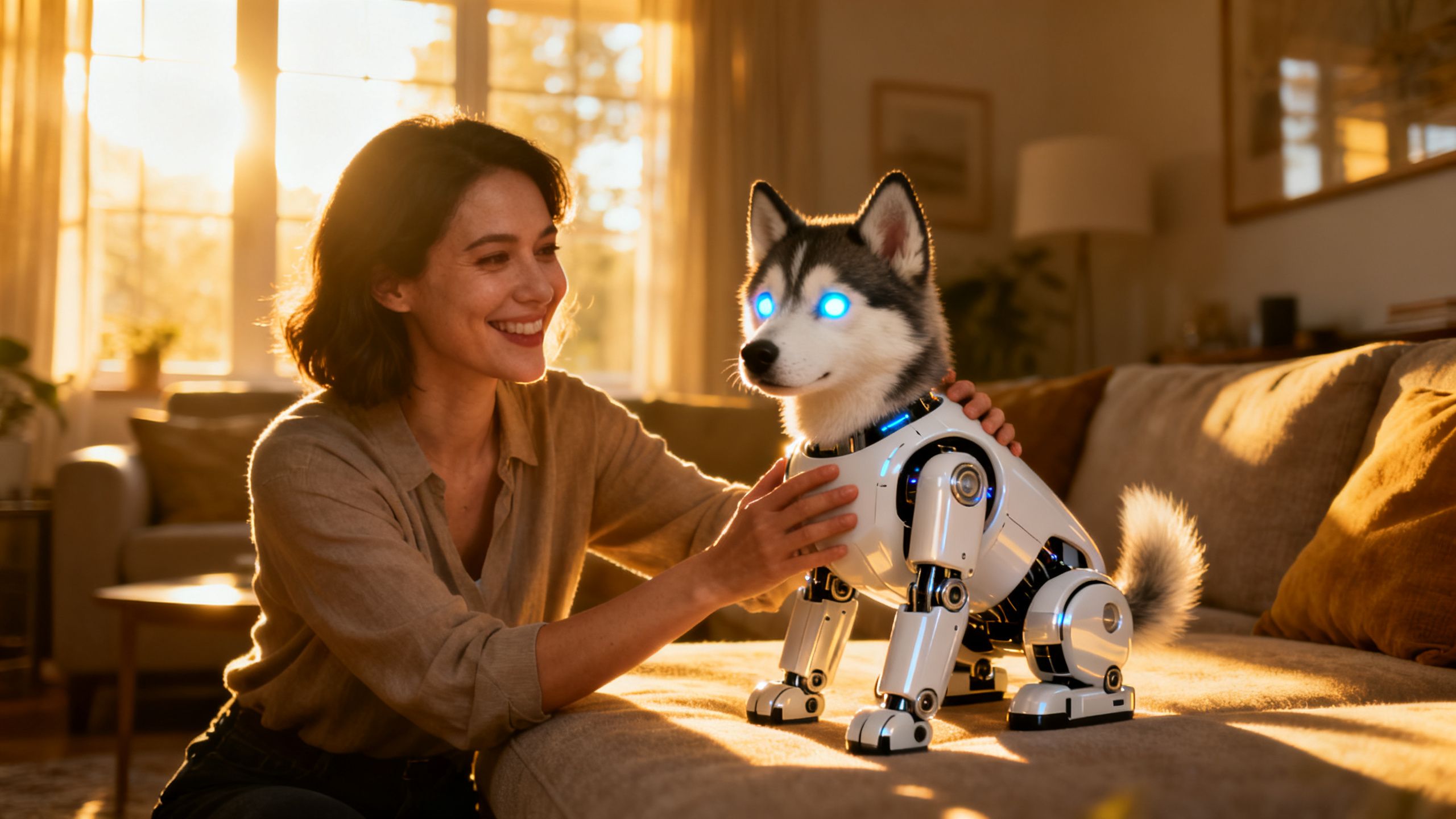 Woman petting a bionic husky puppy in a living room.