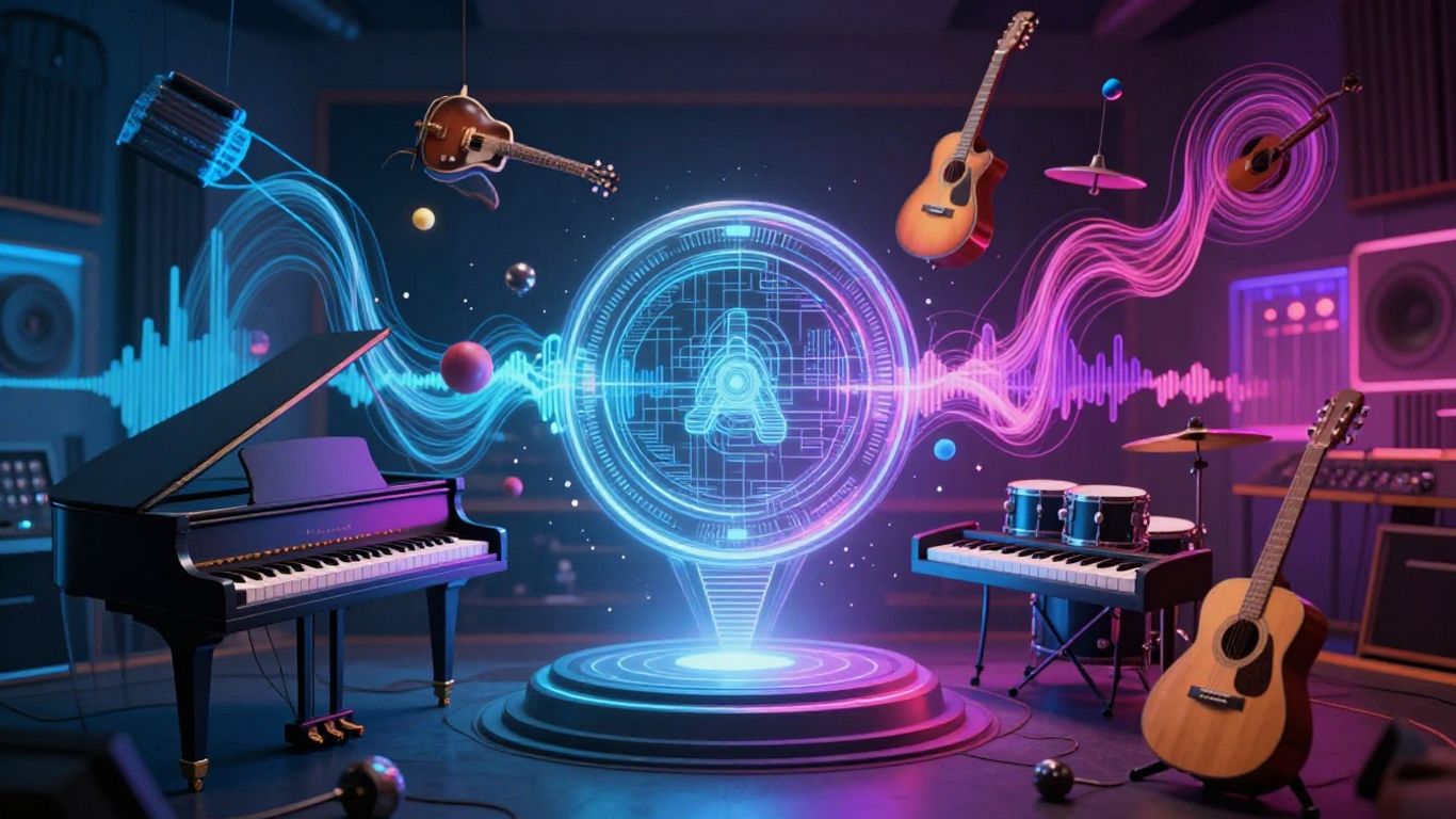 AI music generation interface with musical instruments.