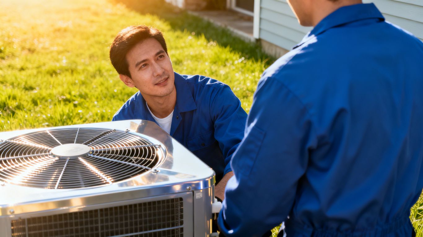 HVAC technician inspecting an outdoor air conditioning unit.